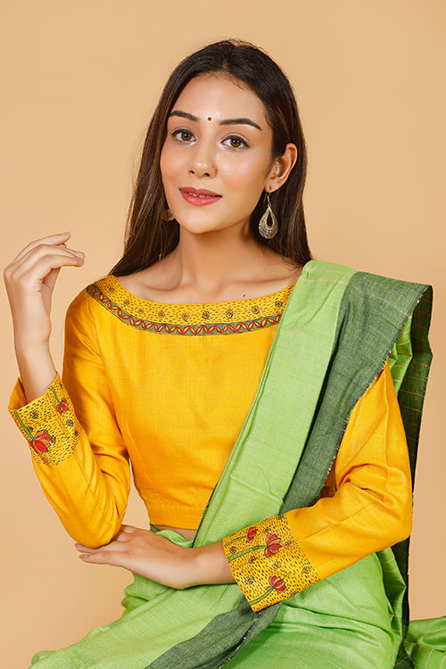 'Saraswati' Handpainted Madhubani Moonga Silk Blouse