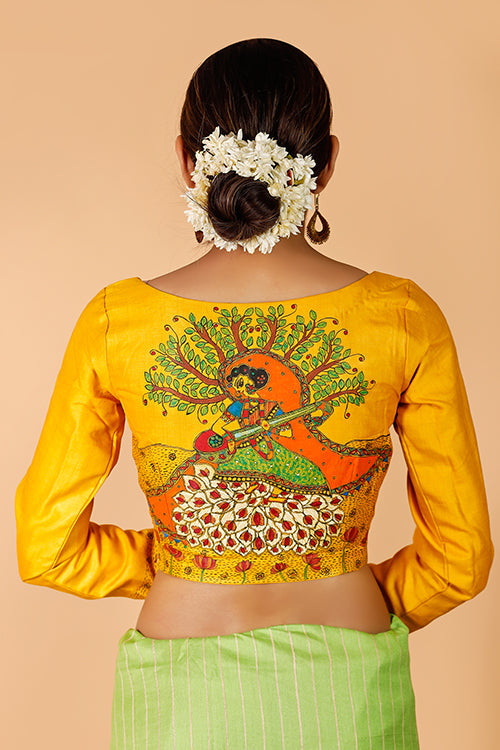 'Saraswati' Handpainted Madhubani Moonga Silk Blouse