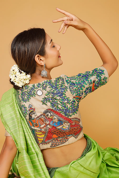 'Radha Krishna Raasleela' Handpainted Madhubani Tussar Silk Blouse