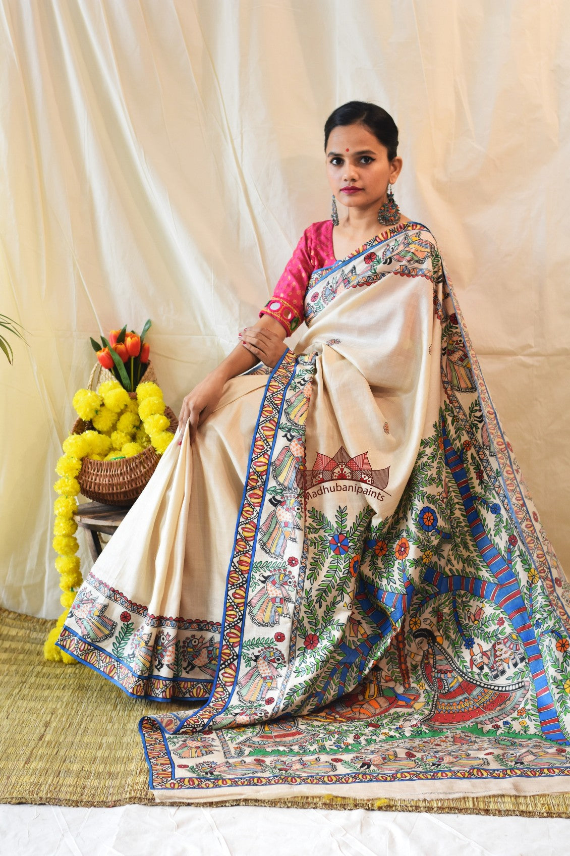 Jhule Nandlaal Vrindavan Hand Painted Saree