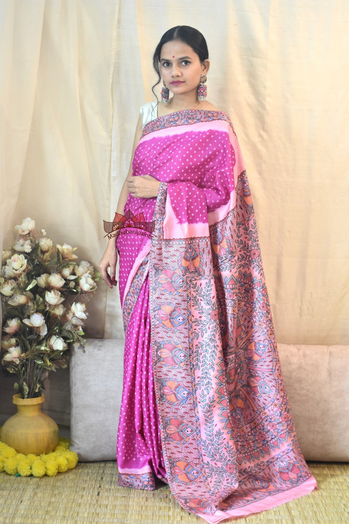 Madhubani Bandhani Gulabi Matasya Leela Hand Painted Saree