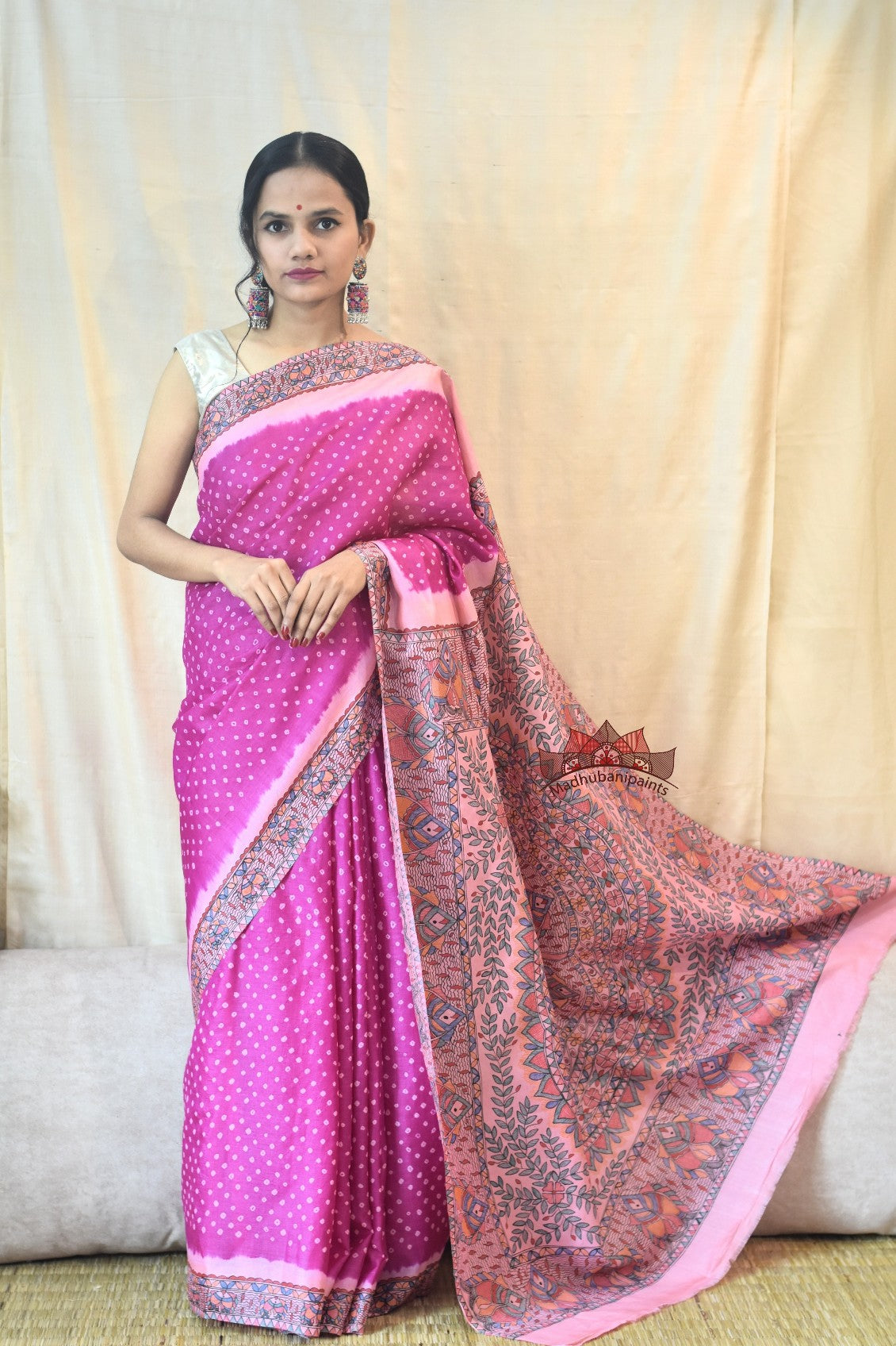 Madhubani Bandhani Gulabi Matasya Leela Hand Painted Saree