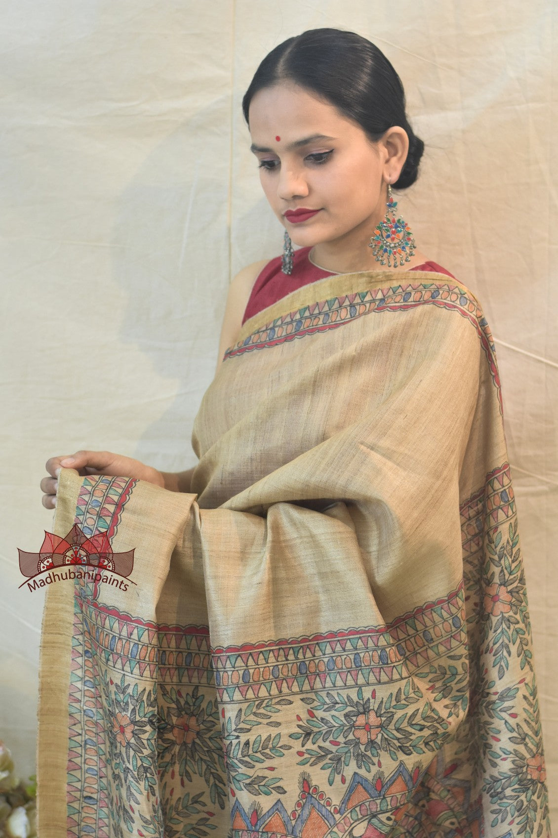 Peacock On Tree Handpainted Silk Saree