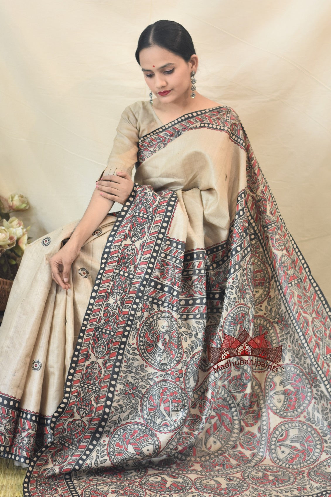 Madhubani Surmain Laal Kala Kachni Bharni Saree