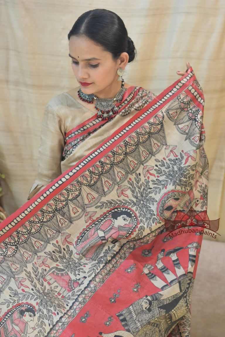 Maa Durga Red Black Hadpainted Tussar Saree