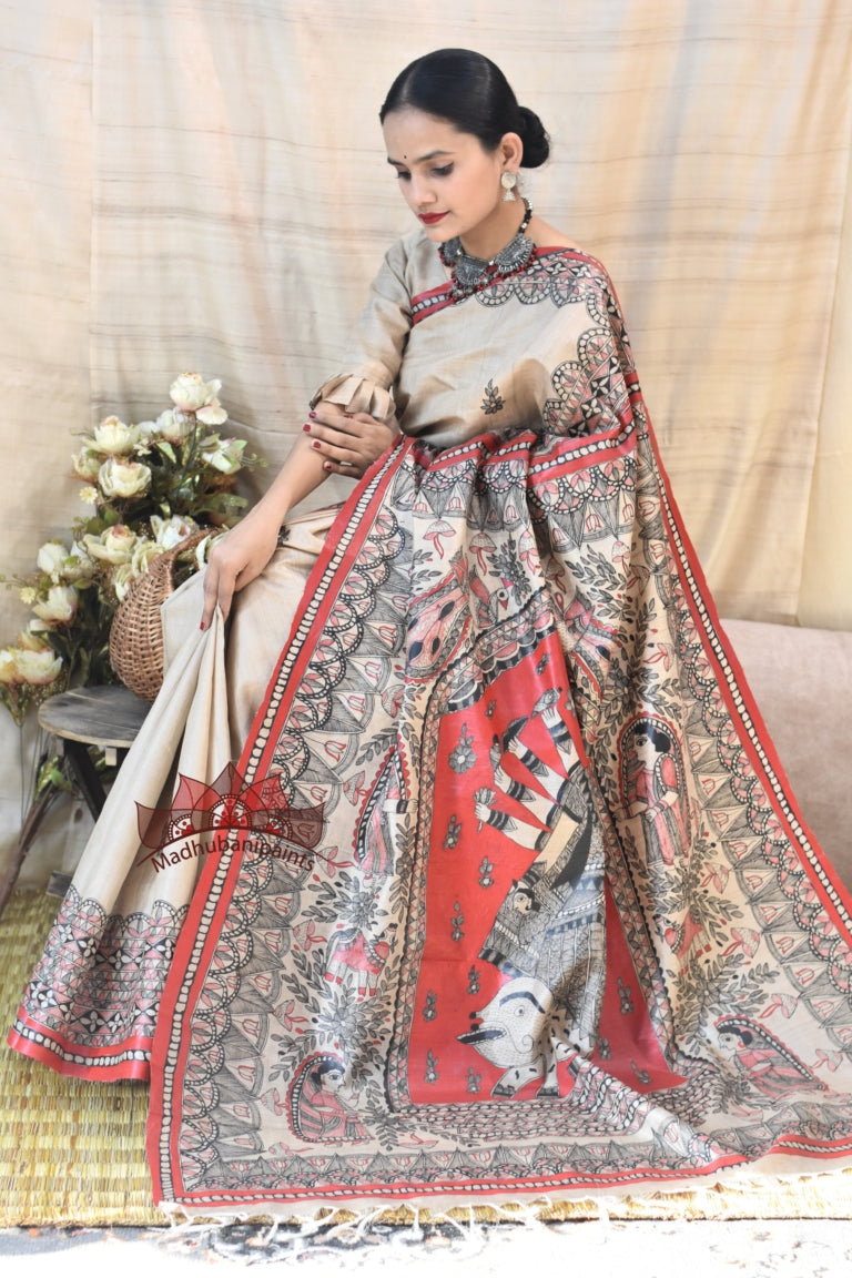 Maa Durga Red Black Hadpainted Tussar Saree