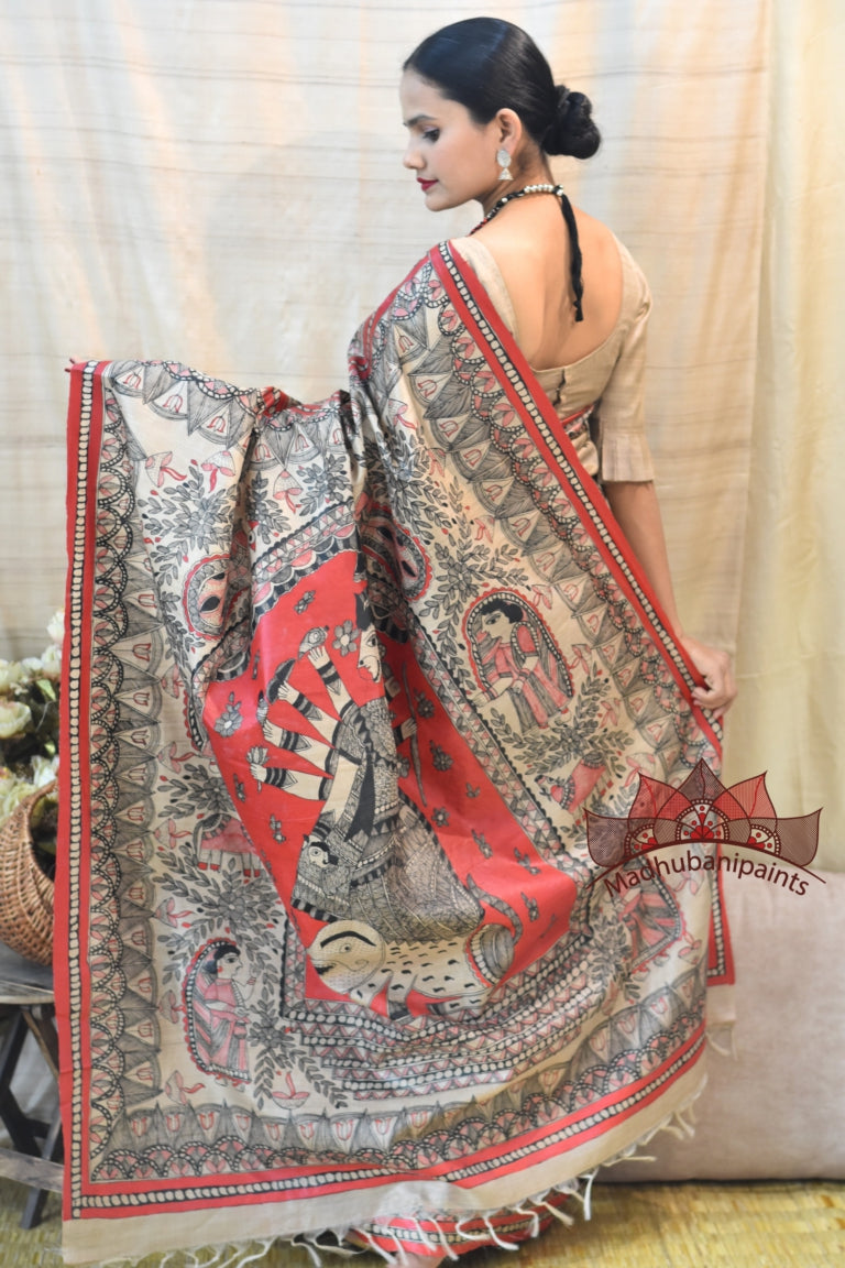 Maa Durga Red Black Hadpainted Tussar Saree