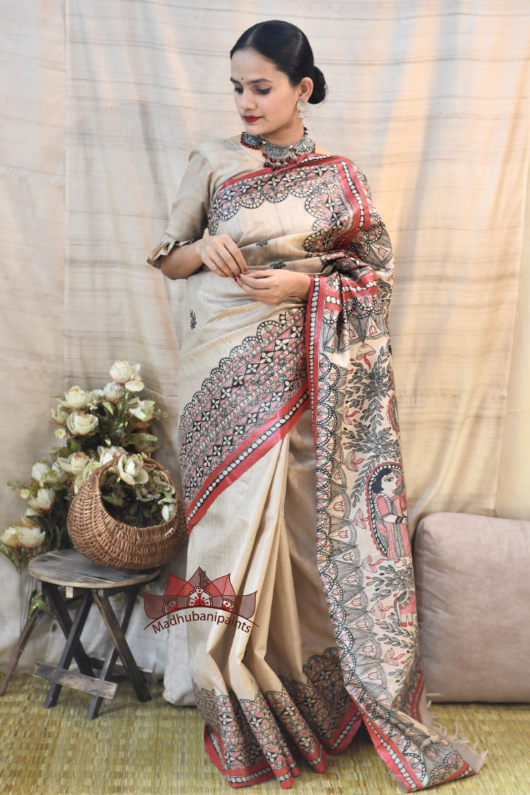 Maa Durga Red Black Hadpainted Tussar Saree