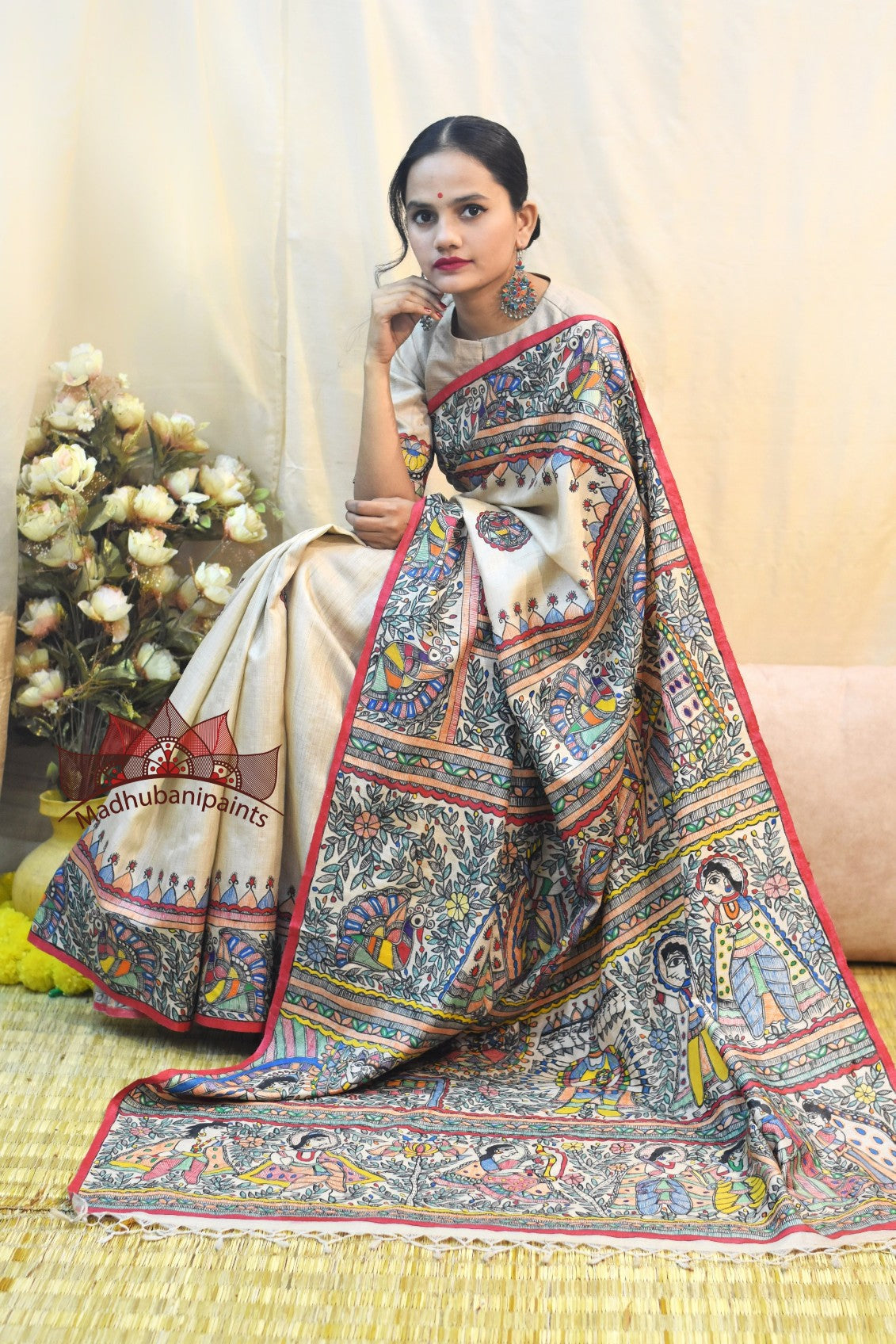 Madhubani Ramayna Kaatha Handpainted Saree Blouse Set