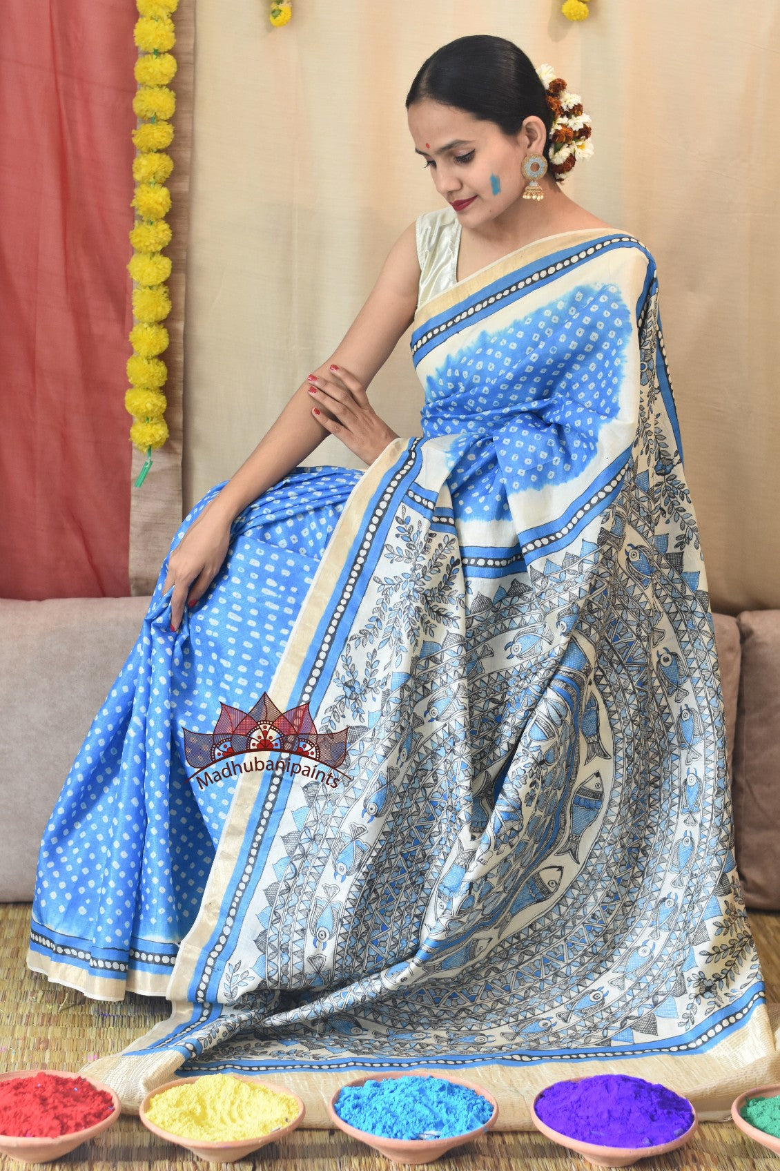 Madhubani Bandhani NEELI Mayur- Surmai Mandara Handpainted Saree