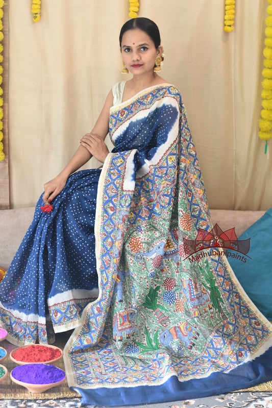 Neeli Vrindavan Bandhej Hand Painted Saree