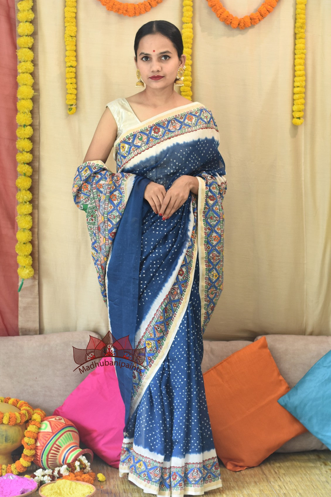 Neeli Vrindavan Bandhej Hand Painted Saree