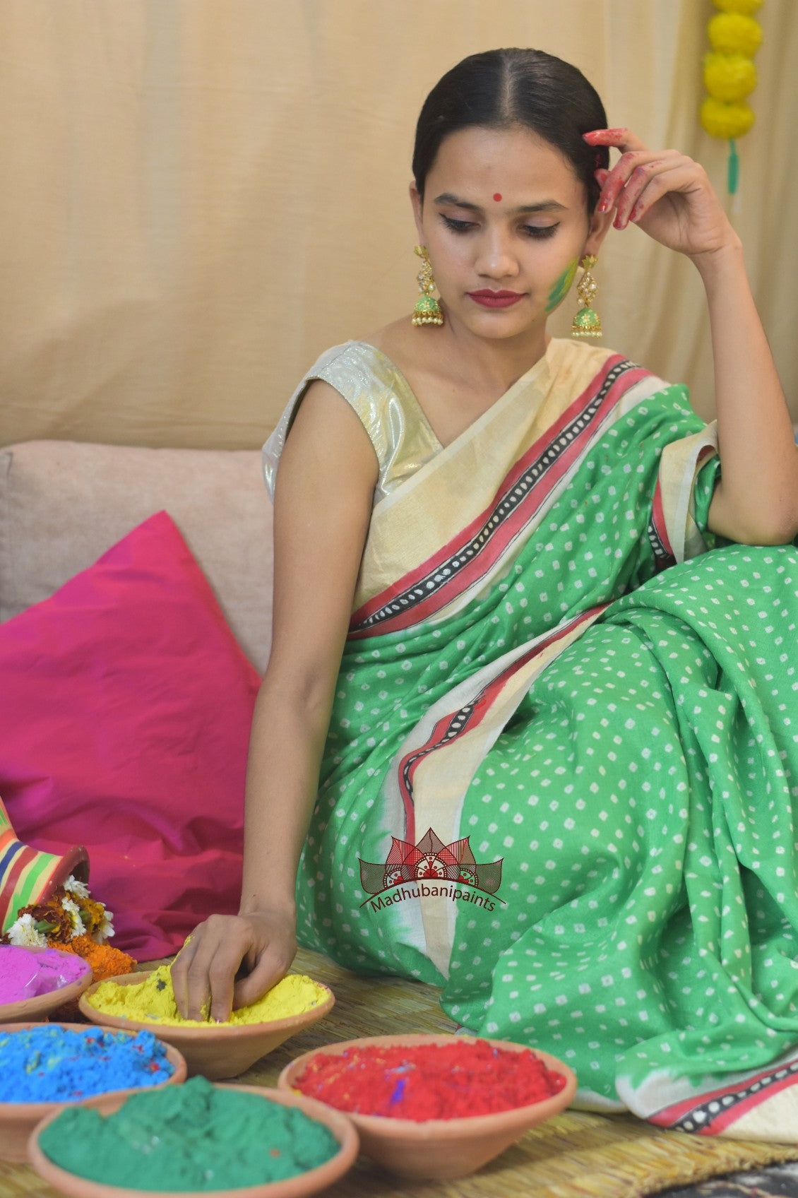 Madhubani Hariyali Bageecha Bandhej Hand Painted Saree