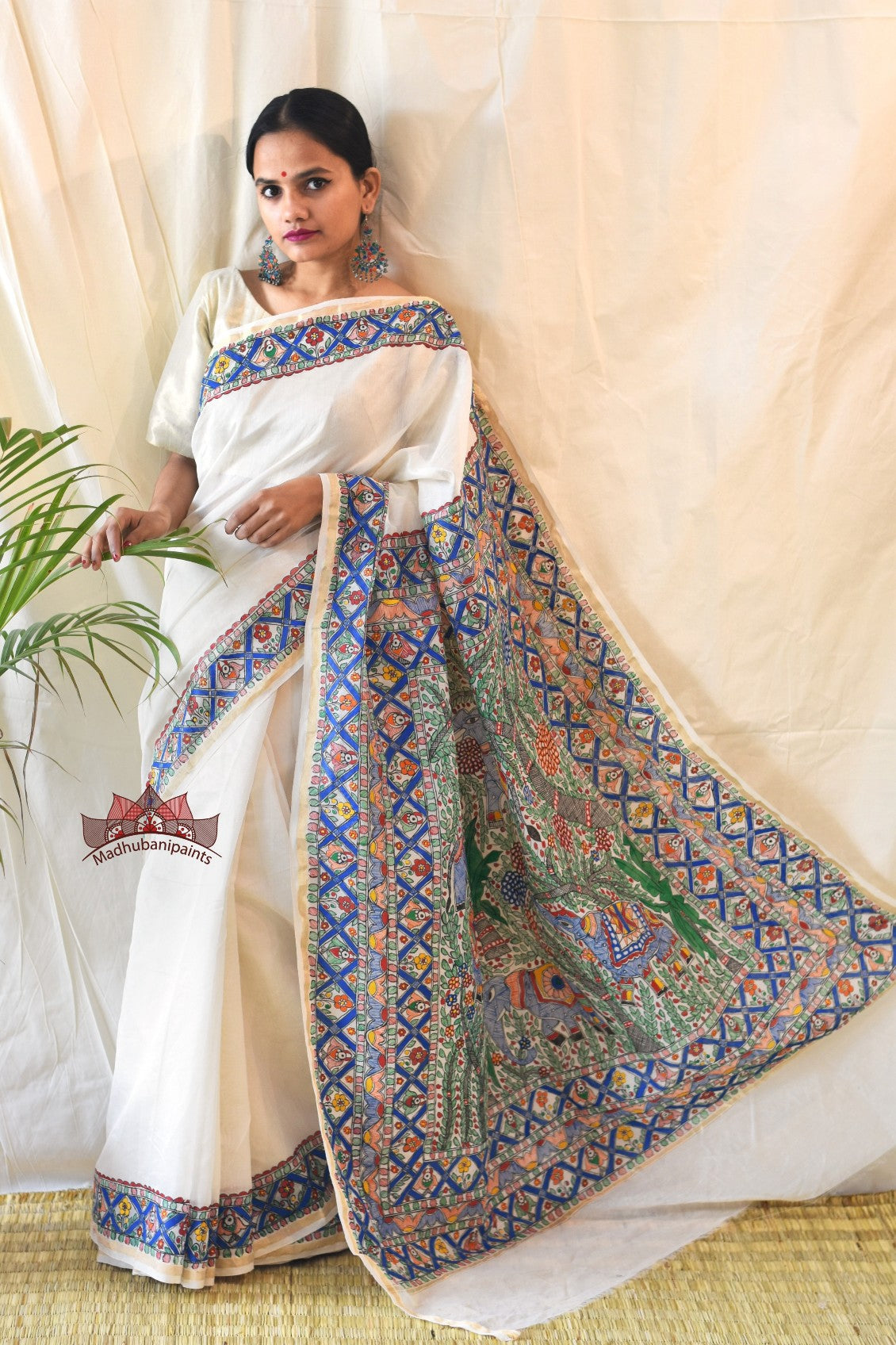 Blue Mithila Box Hand Painted Saree