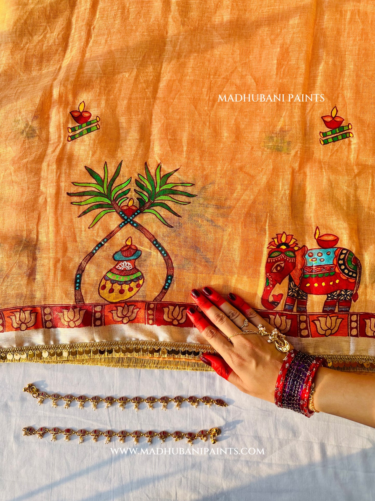 Chhath Puja Ghat Handpainted Madhubani Linen Saree Blouse Set