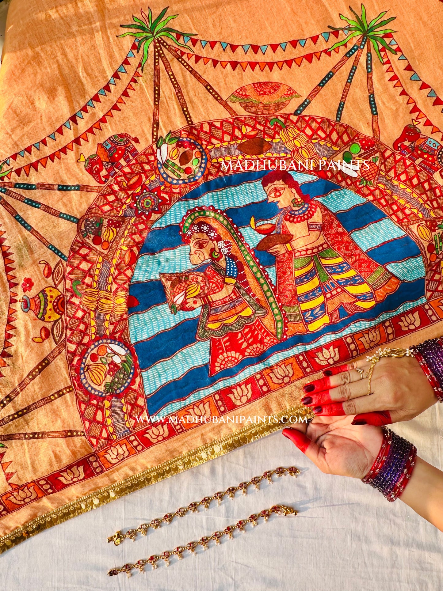 Chhath Puja Ghat Handpainted Madhubani Linen Saree Blouse Set