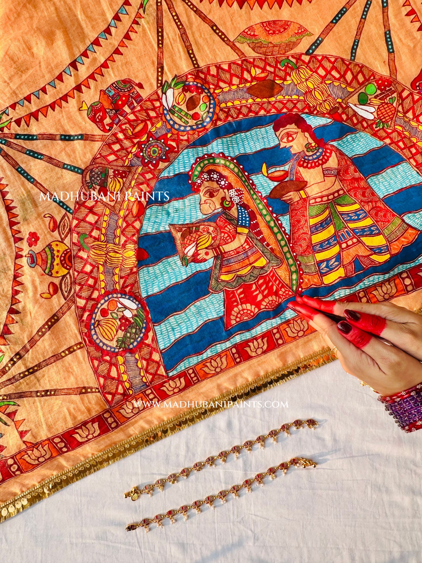 Chhath Puja Ghat Handpainted Madhubani Linen Saree Blouse Set