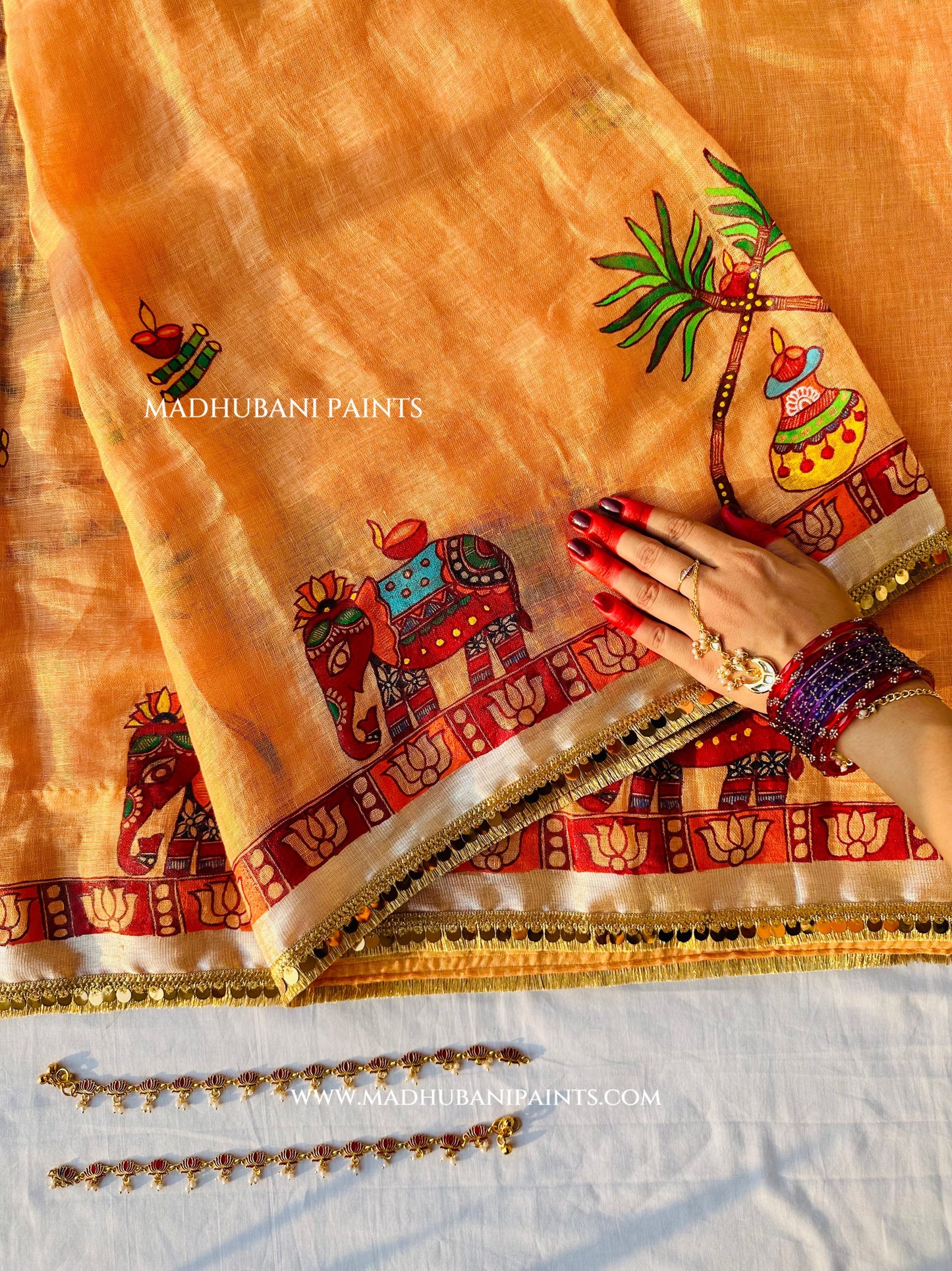 Chhath Puja Ghat Handpainted Madhubani Linen Saree Blouse Set