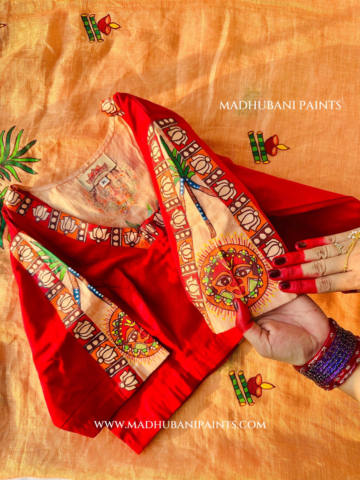 Chhath Puja Ghat Handpainted Madhubani Linen Saree Blouse Set