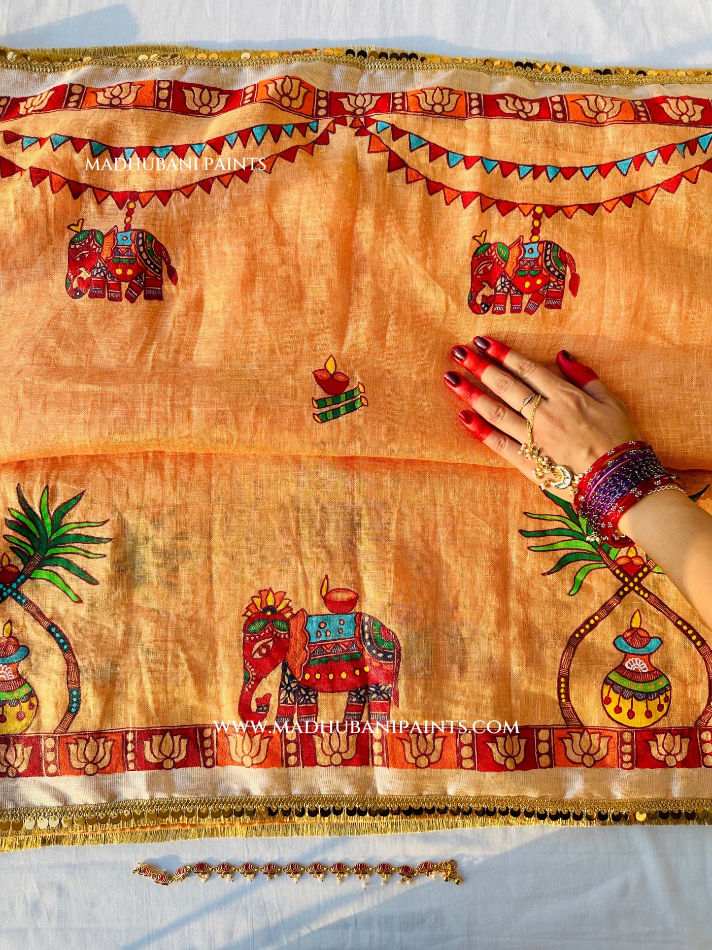 Chhath Puja Ghat Handpainted Madhubani Linen Saree Blouse Set