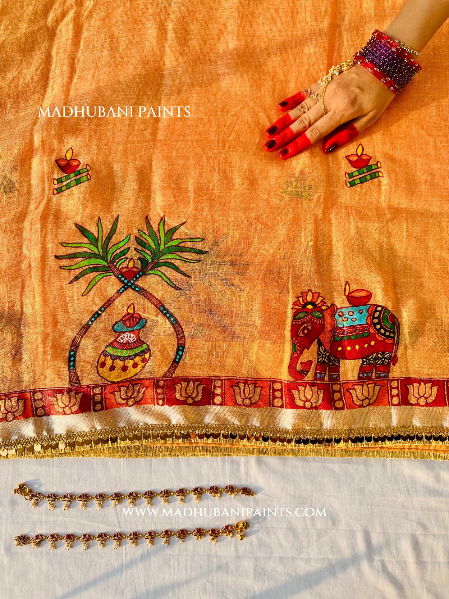 Chhath Puja Ghat Handpainted Madhubani Linen Saree Blouse Set