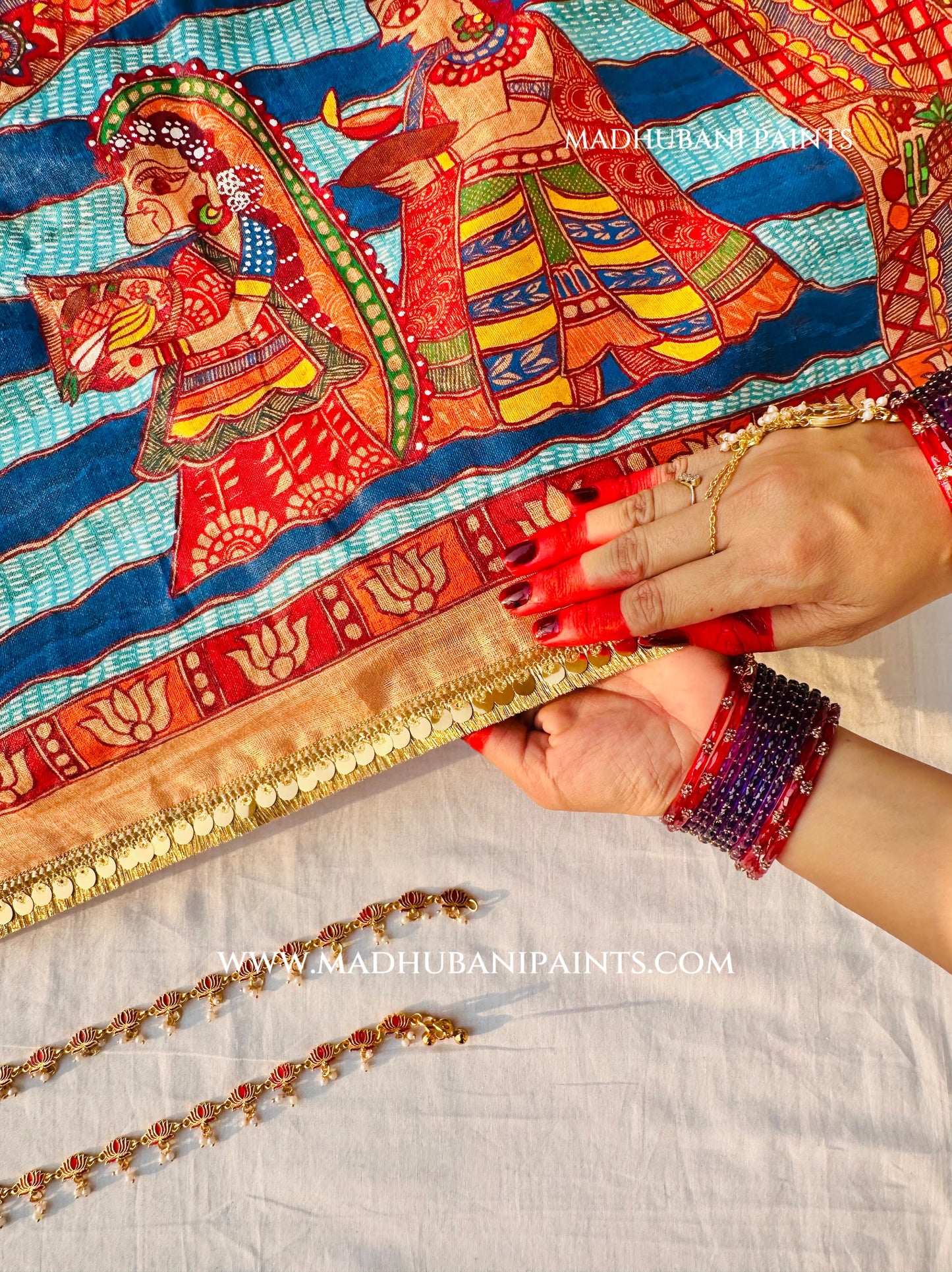 Chhath Puja Ghat Handpainted Madhubani Linen Saree Blouse Set