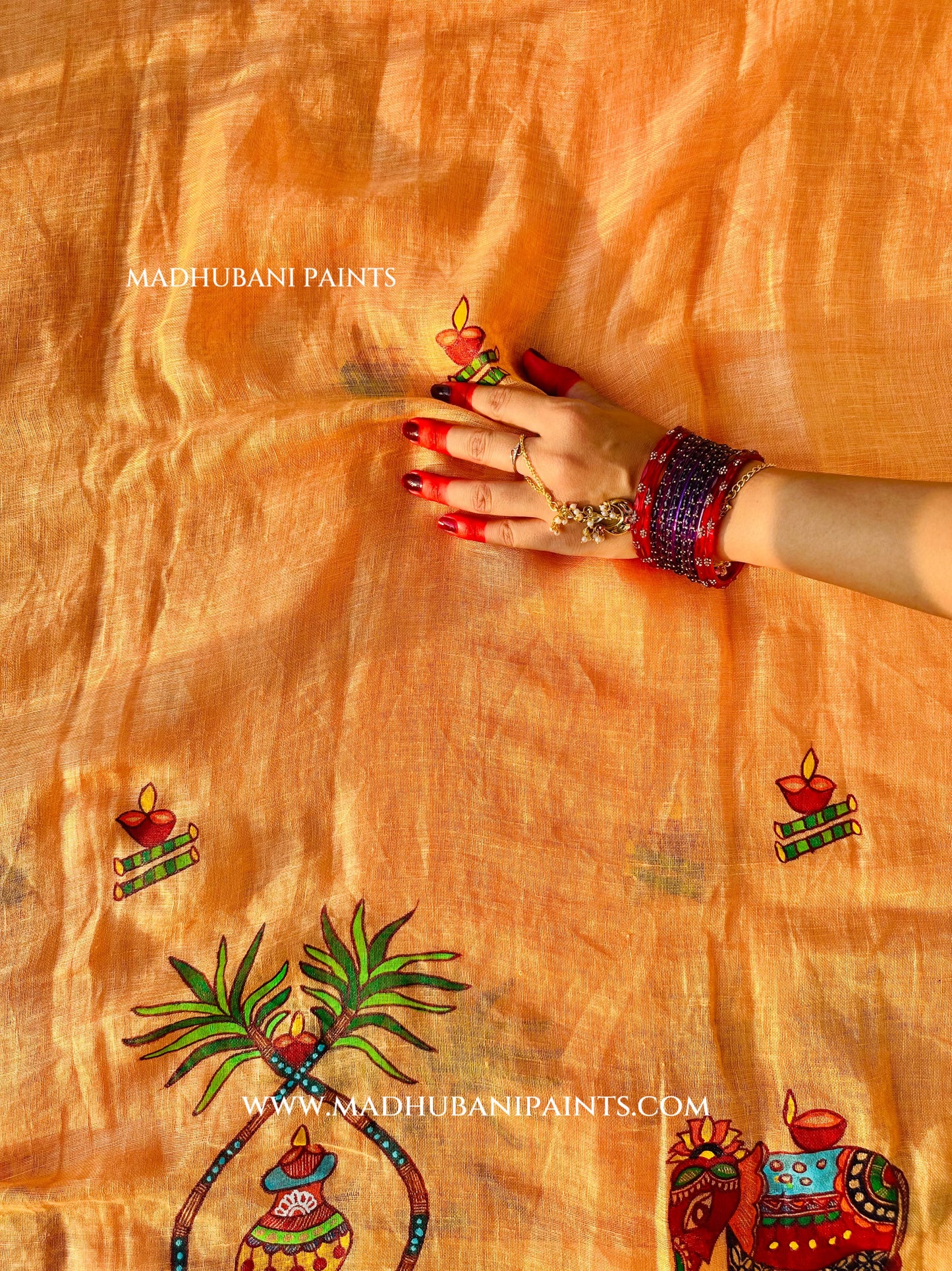 Chhath Puja Ghat Handpainted Madhubani Linen Saree Blouse Set