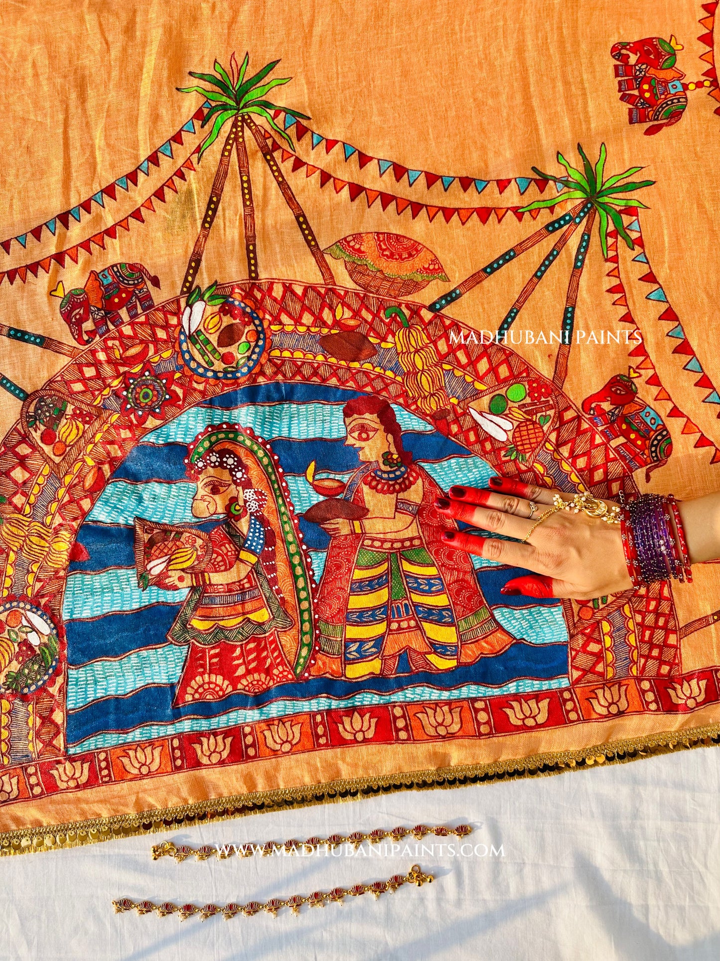 Chhath Puja Ghat Handpainted Madhubani Linen Saree Blouse Set
