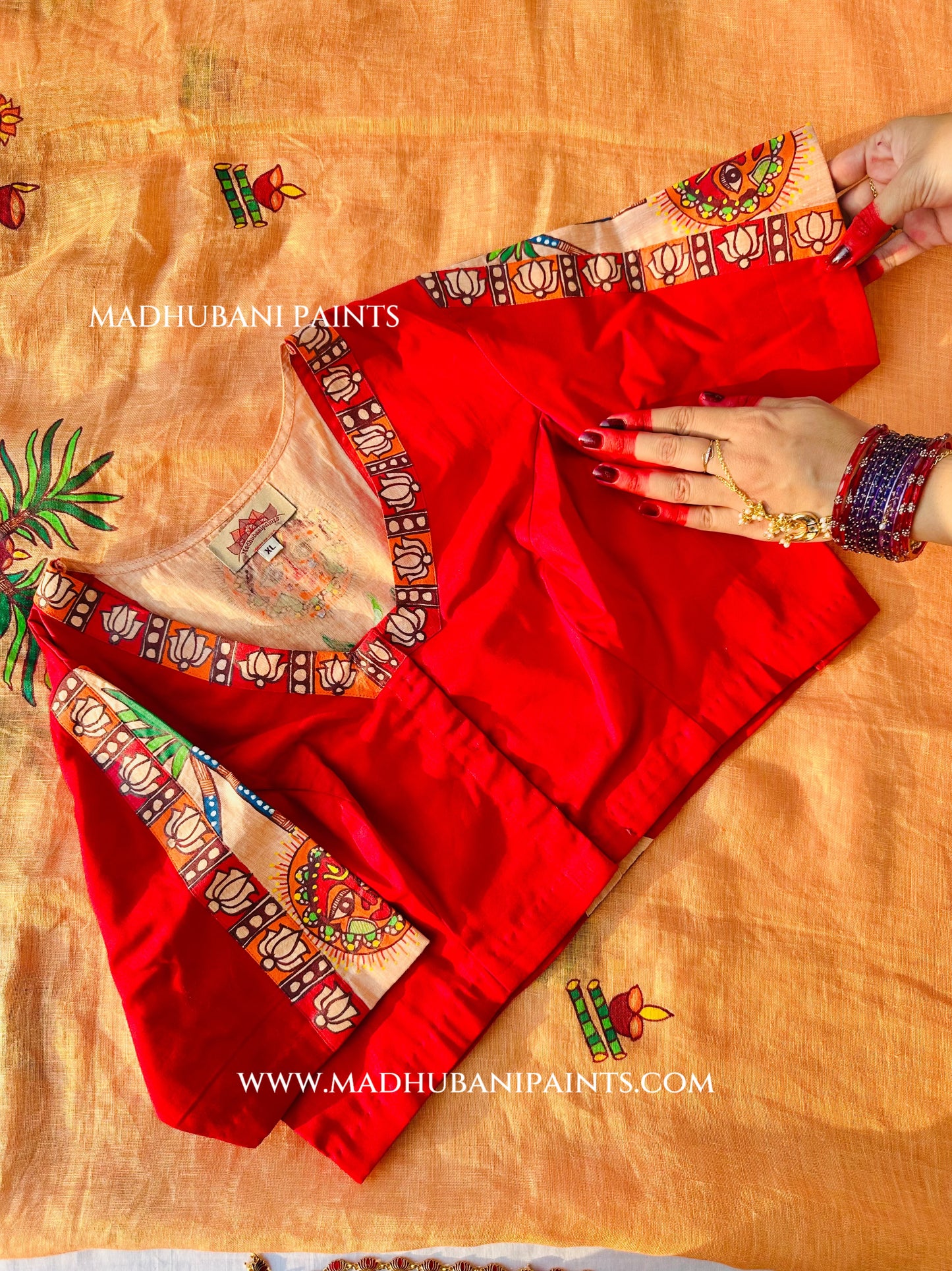 Chhath Puja Ghat Handpainted Madhubani Linen Saree Blouse Set