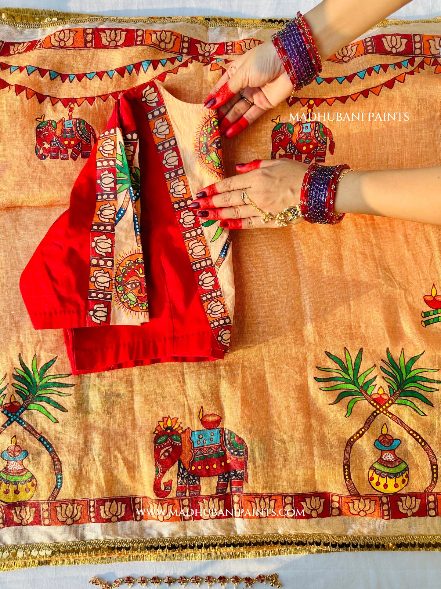 Chhath Puja Ghat Handpainted Madhubani Linen Saree Blouse Set