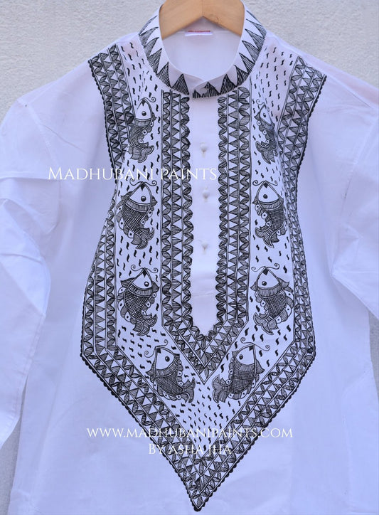 White & Black Fish Hand-painted Handloom Men's Cotton Kurta