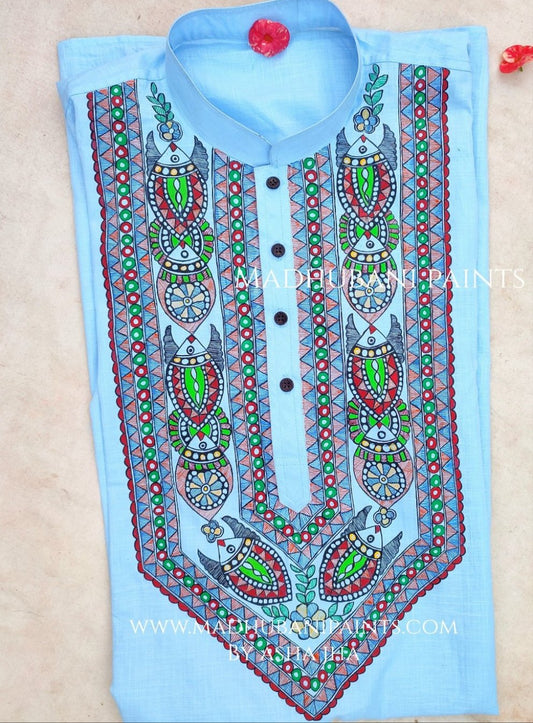 Light Blue Fish Hand-painted Handloom Men's Cotton Kurta