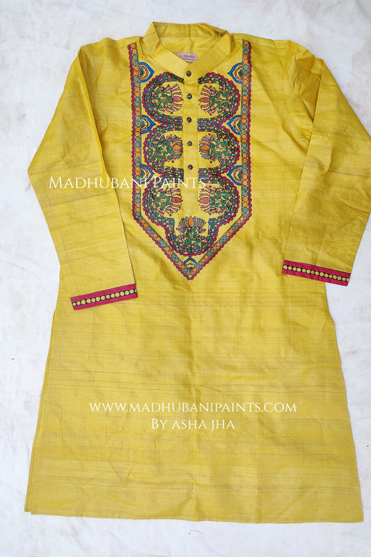 Yellow Lotus Hand-painted Handloom Tussar Silk Kurta