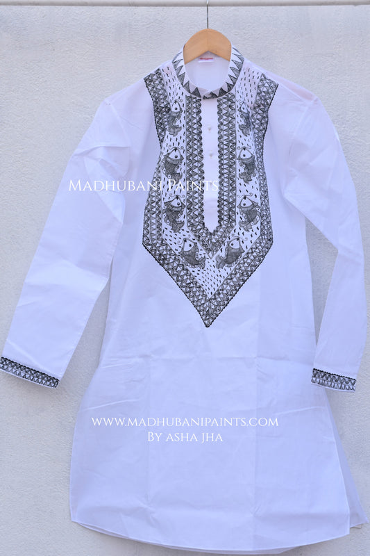 White & Black Fish Hand-painted Handloom Men's Cotton Kurta