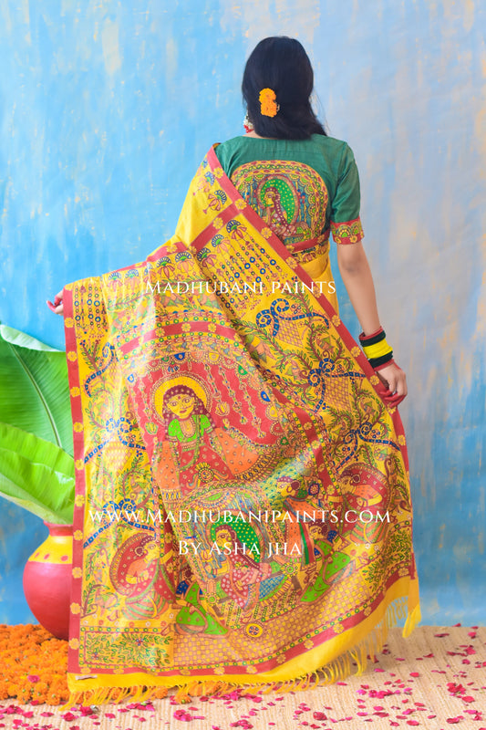 KUMARI BHOJAN Hand-painted Tussar Silk Saree Blouse Set