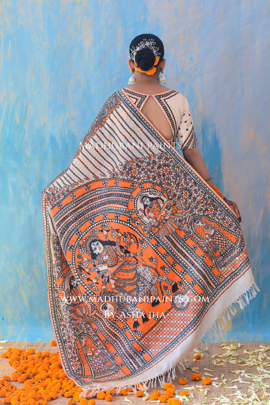 KAMLAKSHI Hand-painted Madhubani Bandhini Tussar Silk Saree