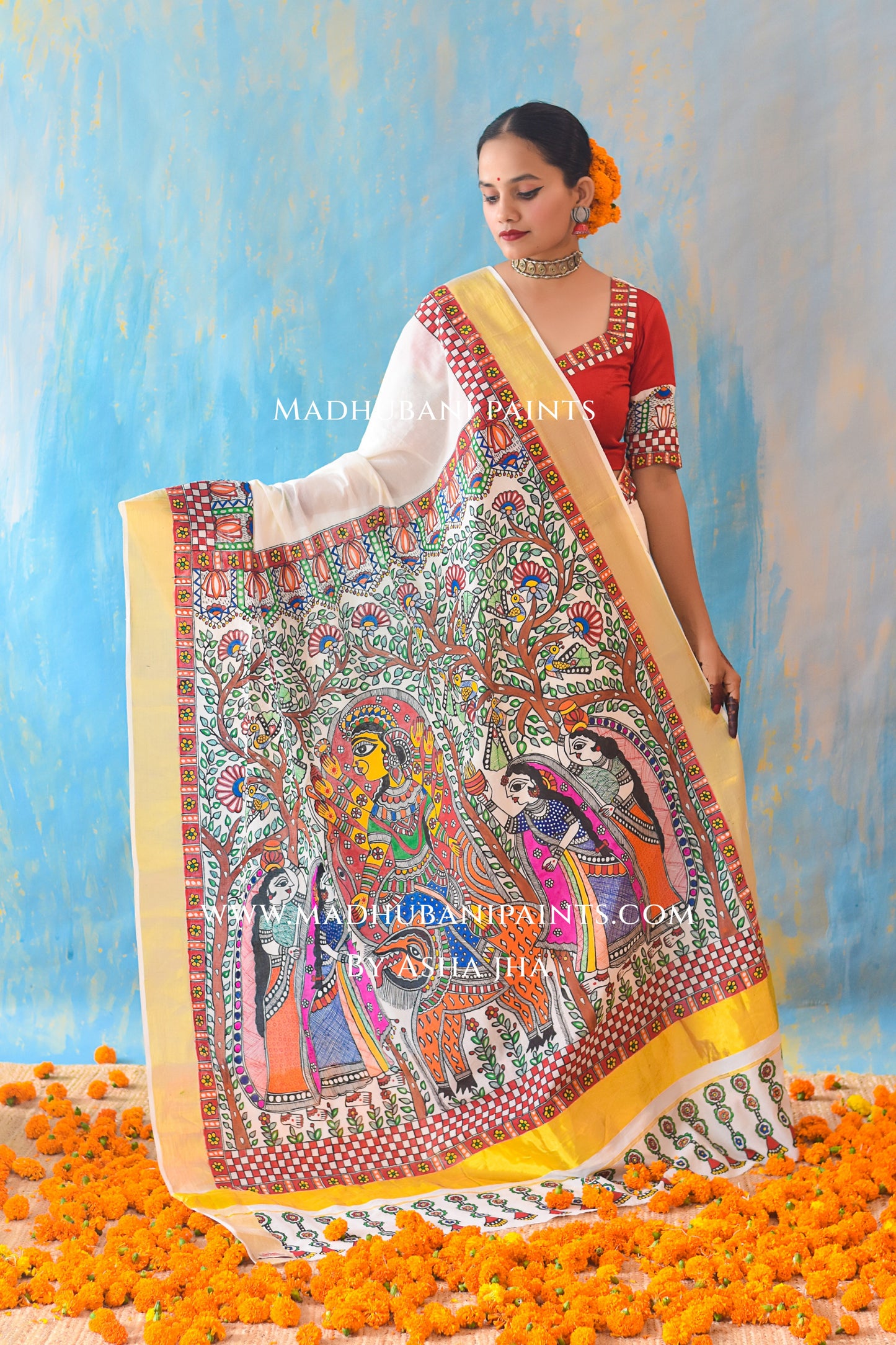 BHAIRAVI Hand-painted Madhubani Handloom Cotton Saree