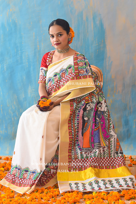 BHAIRAVI Hand-painted Madhubani Handloom Cotton Saree