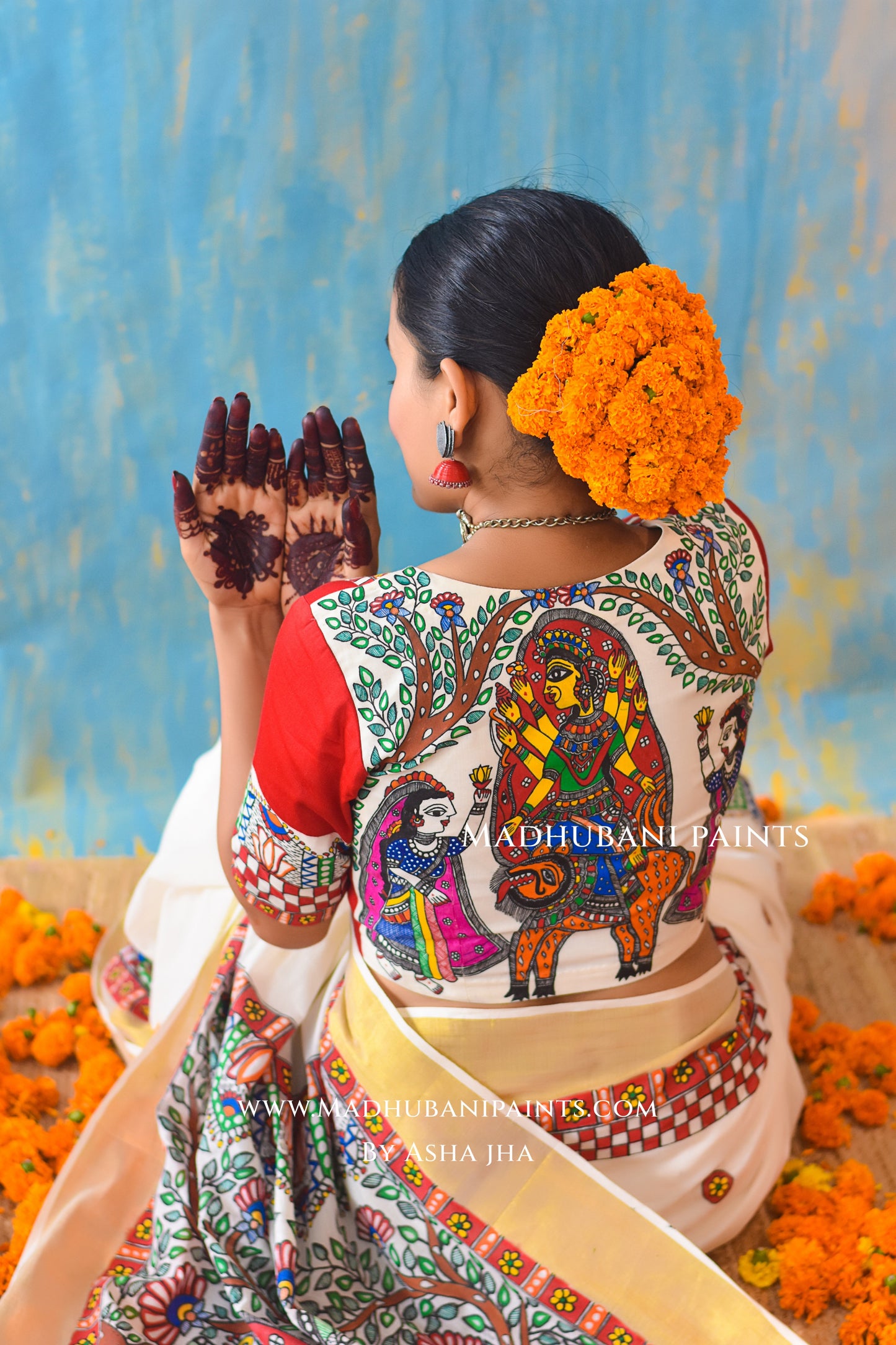 BHAIRAVI Hand-painted Madhubani Handloom Cotton Saree Blouse Set