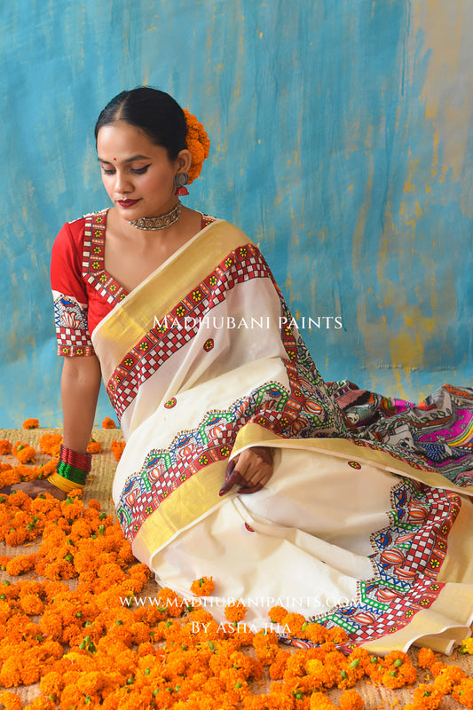 BHAIRAVI Hand-painted Madhubani Handloom Cotton Saree