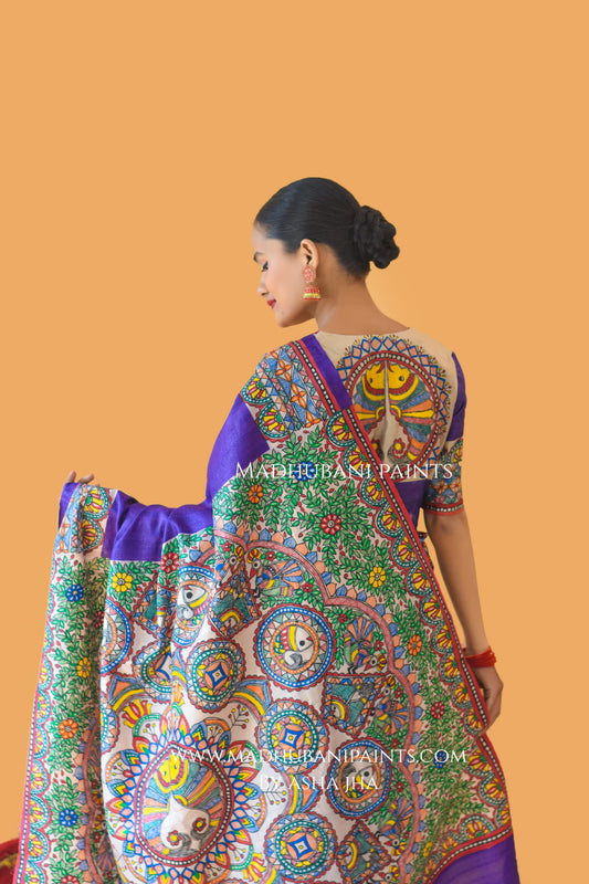 'MANOHARA' Tussar Silk Hand-Painted Madhubani Saree Blouse set