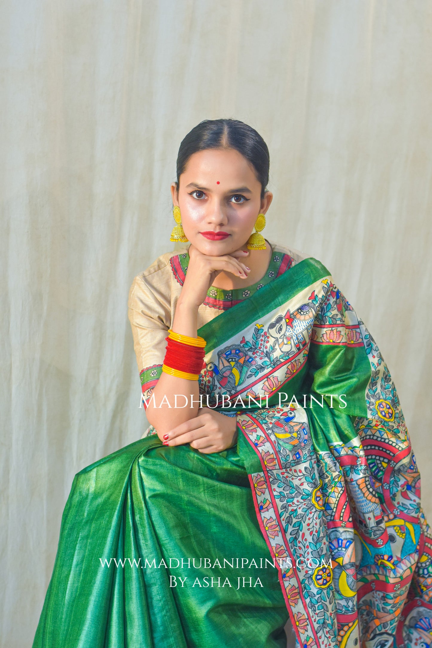 'HARIYALI'  Handpainted Madhubani Tussar Silk Saree Blouse Set