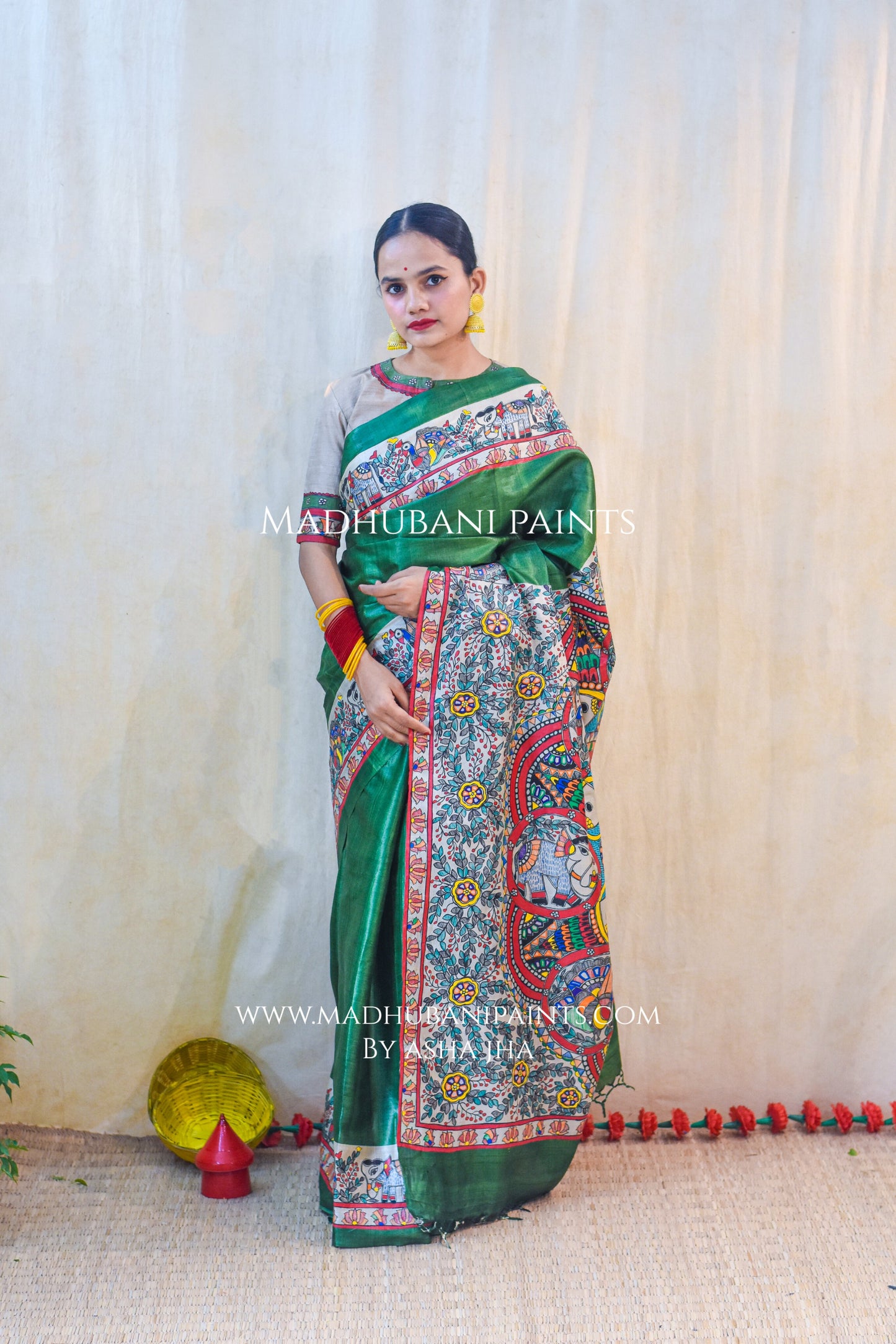'HARIYALI'  Handpainted Madhubani Tussar Silk Saree Blouse Set