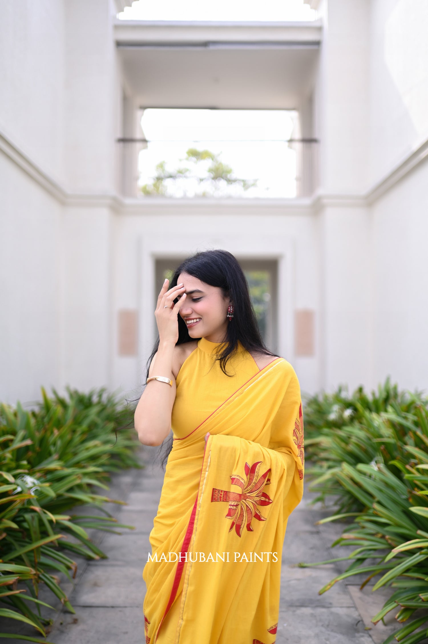Close-up of the hand-painted Madhubani Banana saree