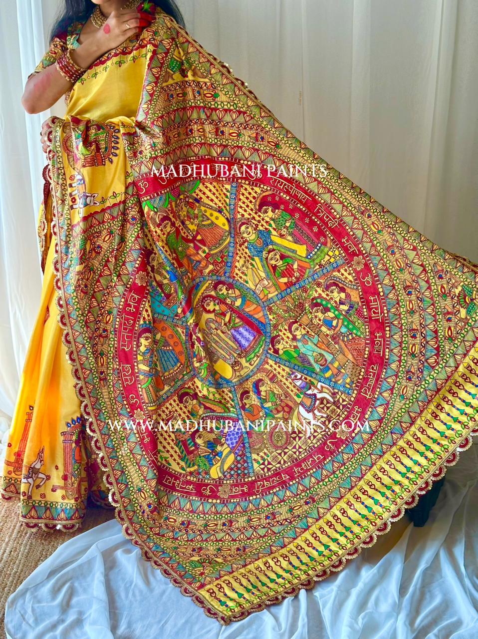 saat Vachan saree with artwork ob bihar wedding in madhubani painting style