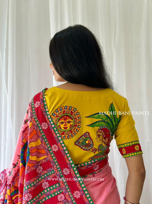 Pink Surya Shalini Chhath Puja Handpainted Madhubani Cotton Blouse