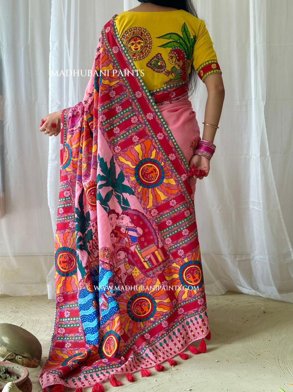 Pink Surya Shalini Chhath Puja Handpainted Madhubani Cotton Saree Blouse Set