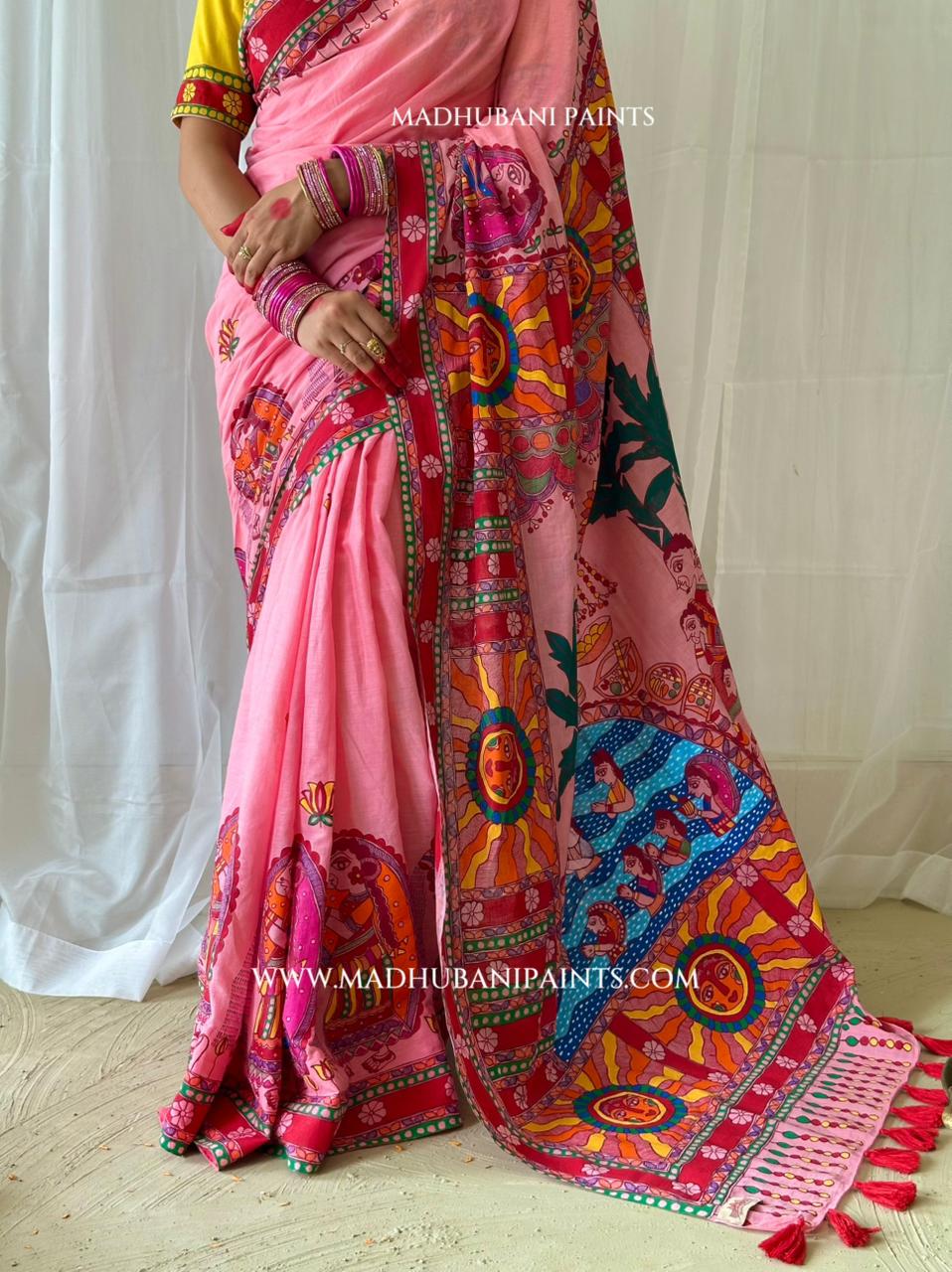Pink Surya Shalini Chhath Puja Handpainted Madhubani Cotton Saree Blouse Set