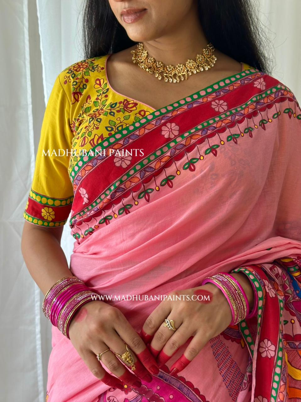 Pink Surya Shalini Chhath Puja Handpainted Madhubani Cotton Saree Blouse Set