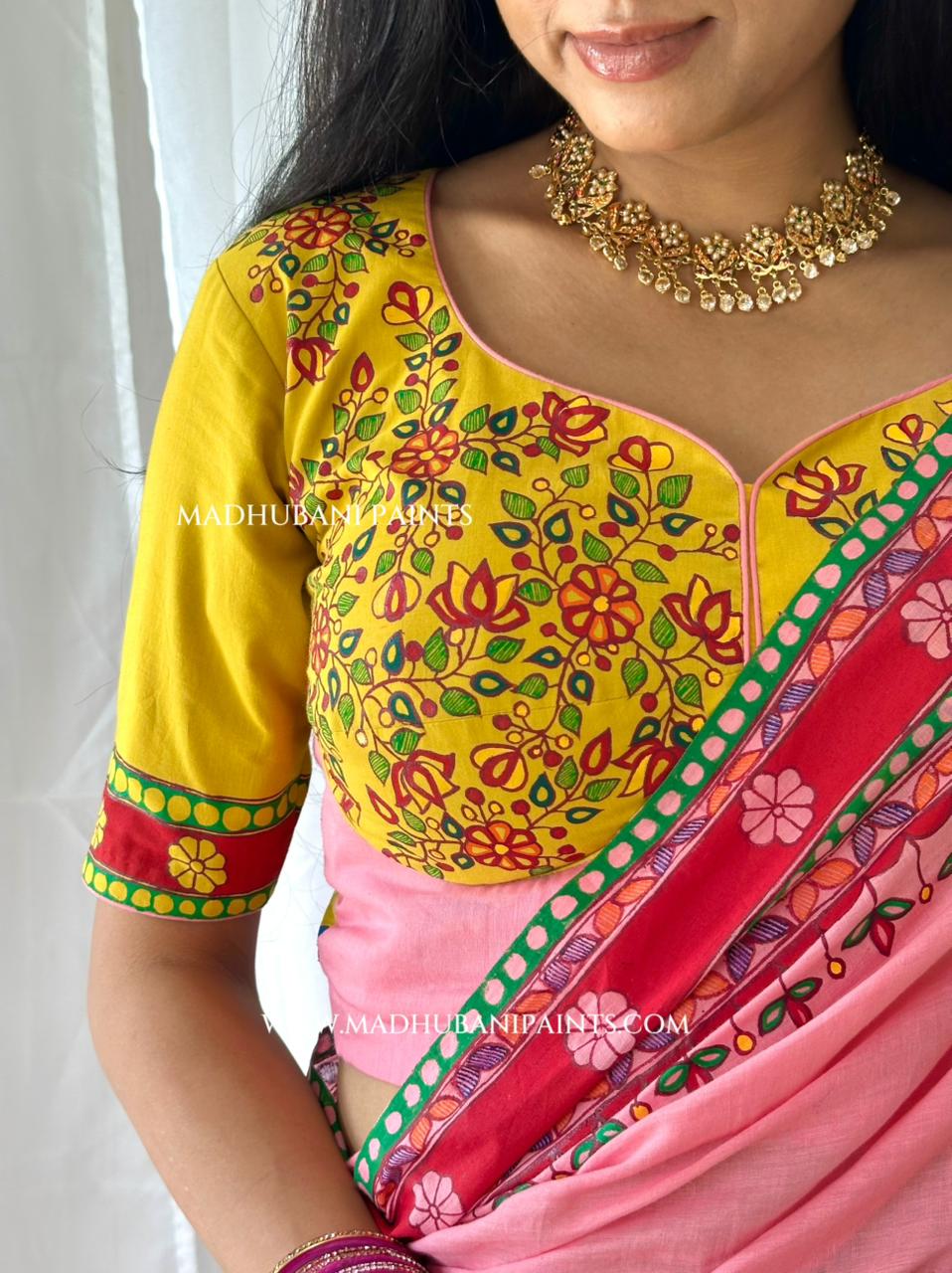 Pink Surya Shalini Chhath Puja Handpainted Madhubani Cotton Saree